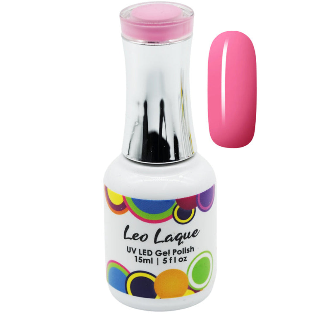 A bottle of Leo Laque UV LED Gel Polish in a vibrant pink shade, shown alongside a matching pink nail swatch on a plain white background.