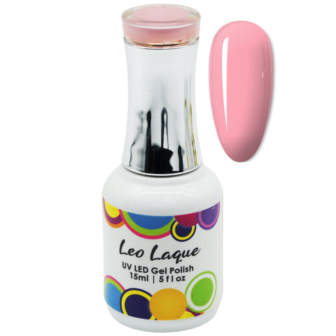A bottle of Leo Laque UV LED gel nail polish in a light pink shade, shown alongside a matching glossy pink nail swatch on a plain white background.