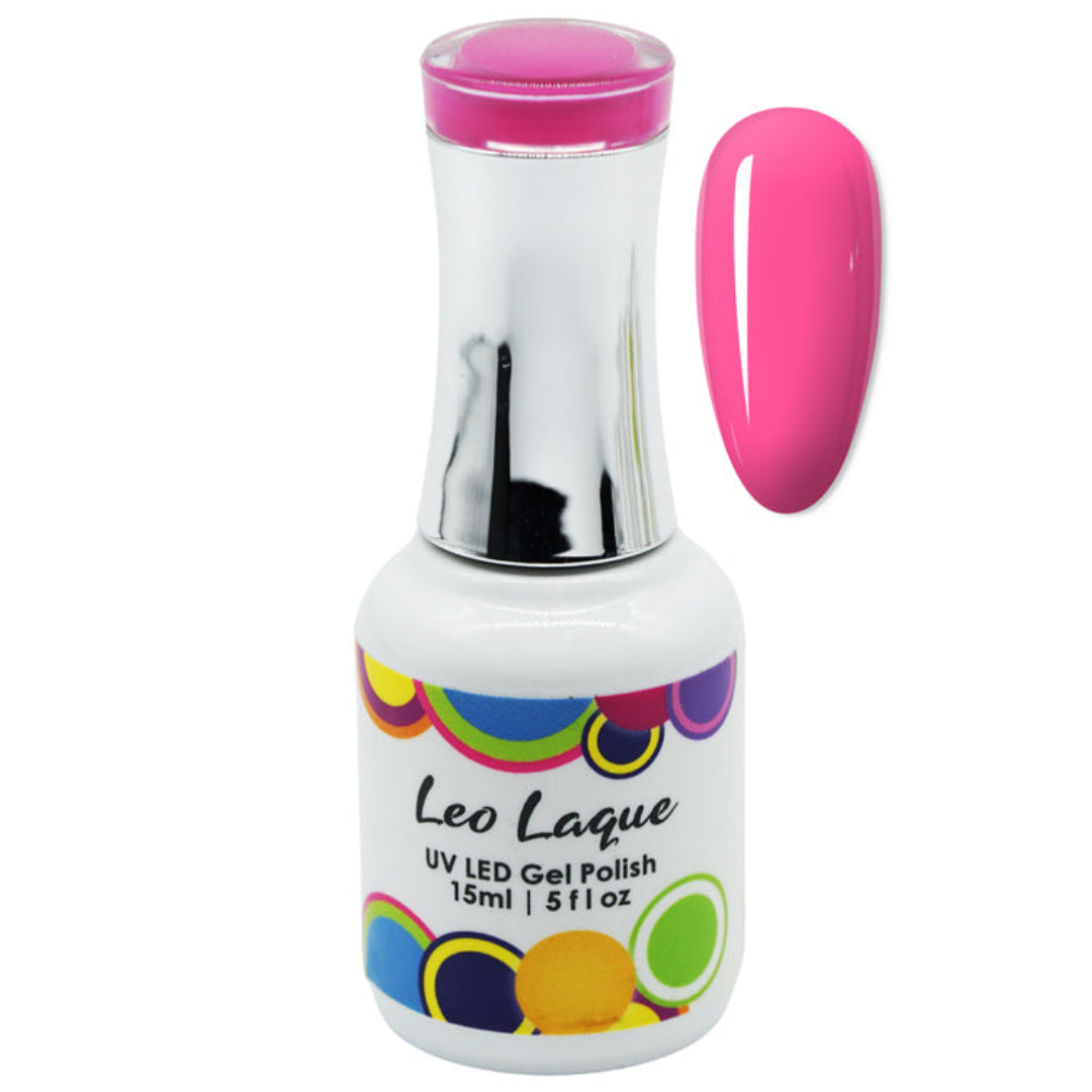 A bottle of Leo Laque UV LED Gel Polish in a vibrant hot pink shade, shown alongside a matching pink nail swatch on a plain white background.
