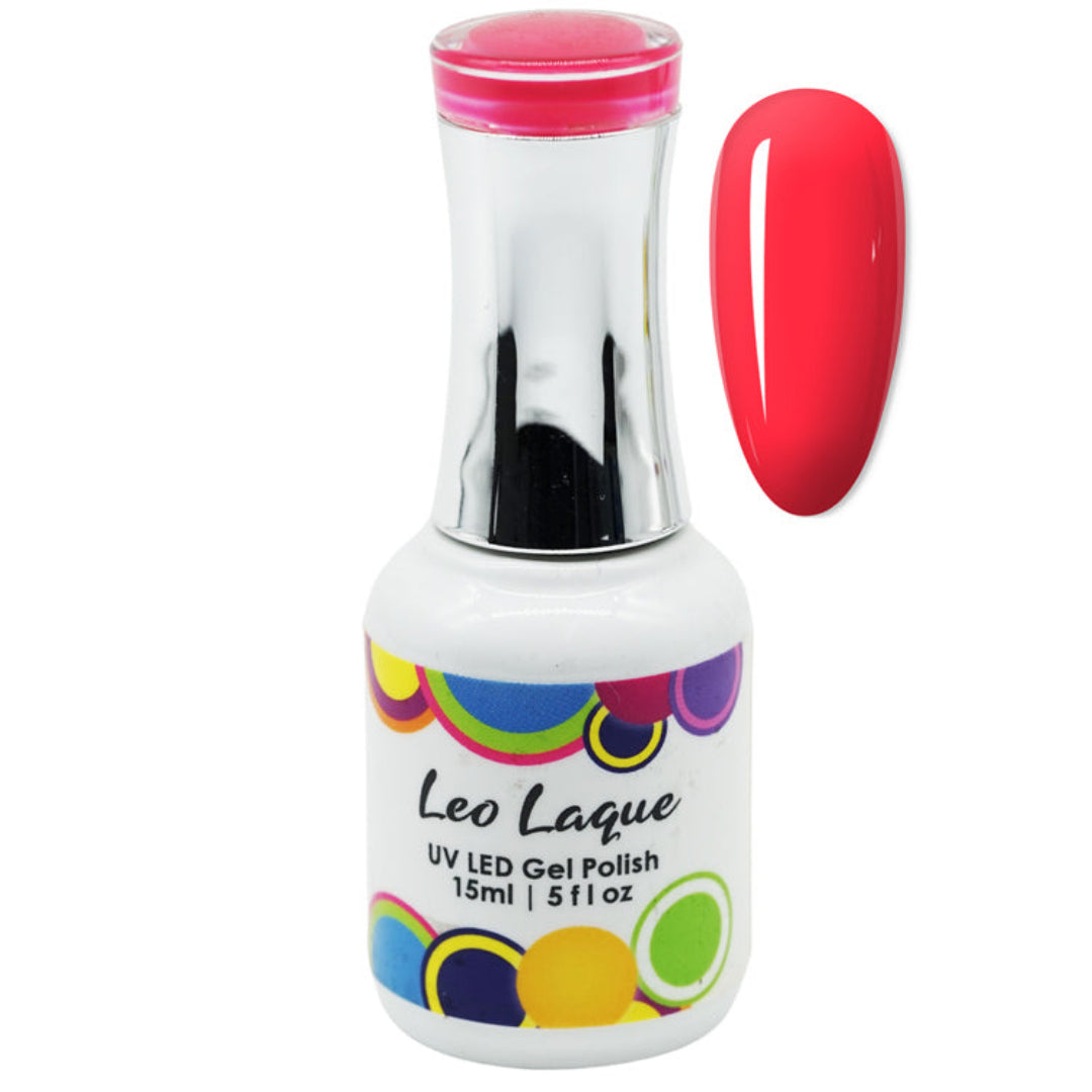 A bottle of Leo Laque UV LED Gel Polish with a white label, colorful polka dot accents, and a shiny silver cap, shown next to a glossy red nail swatch on a plain white background.