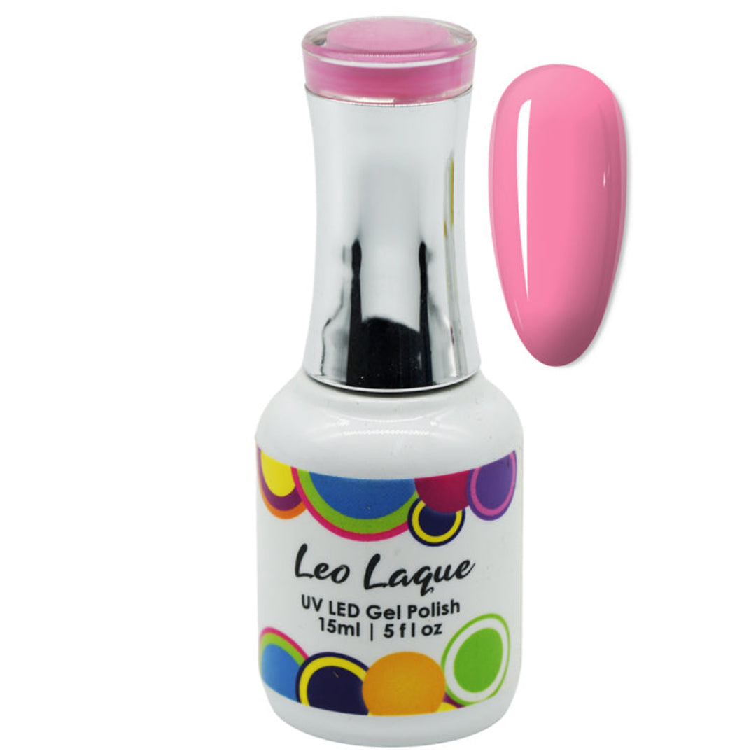 A bottle of Leo Laque UV LED gel nail polish in a vibrant pink shade, shown alongside a matching pink nail swatch on a plain white background.