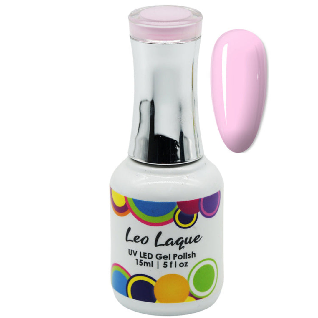 A bottle of Leo Laque UV LED gel nail polish in a light pink shade, shown alongside a matching glossy pink nail swatch on a plain white background.