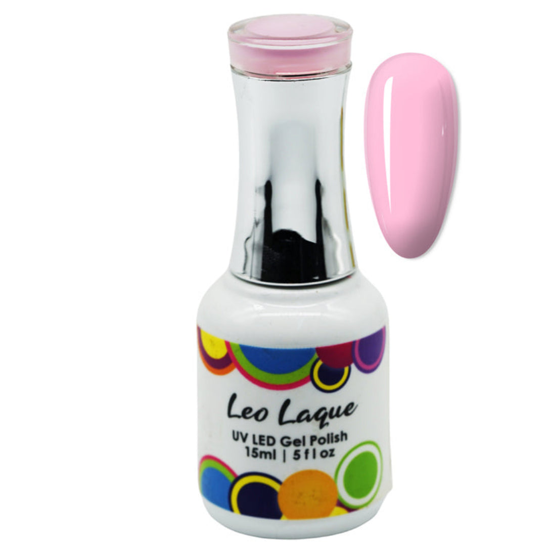A bottle of Leo Laque UV LED Gel Polish in a light pink shade, shown next to a matching pink nail swatch on a plain white background.
