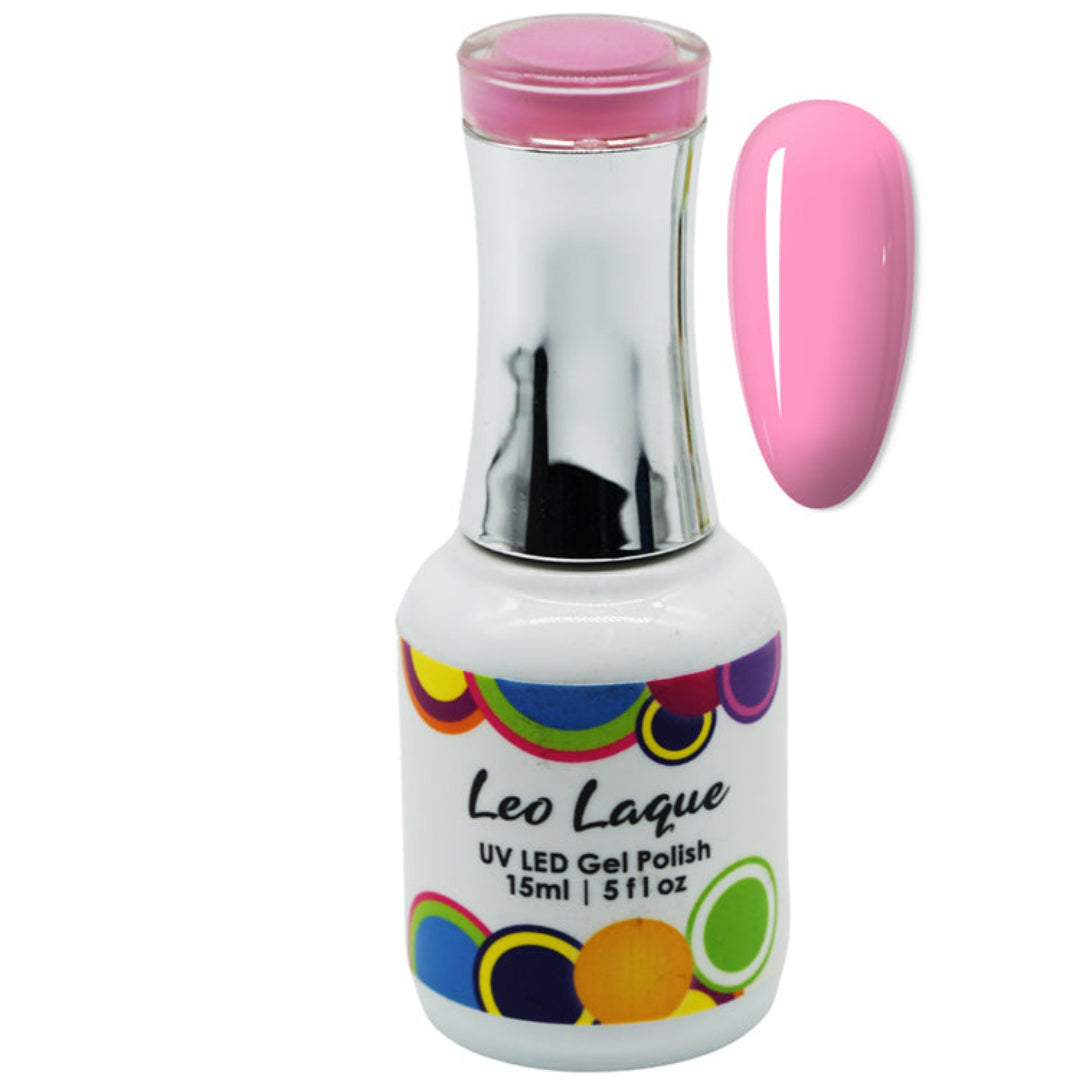 A bottle of Leo Laque UV LED gel nail polish in a vibrant light pink shade, shown alongside a matching glossy pink nail swatch on a plain white background.