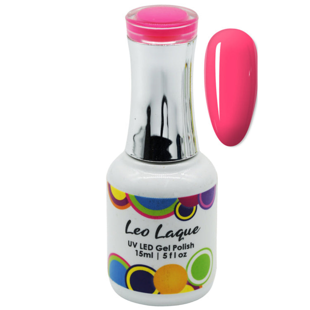 A bottle of Leo Laque UV LED gel nail polish in a bright hot pink shade, shown alongside a matching glossy pink nail swatch on a plain white background.