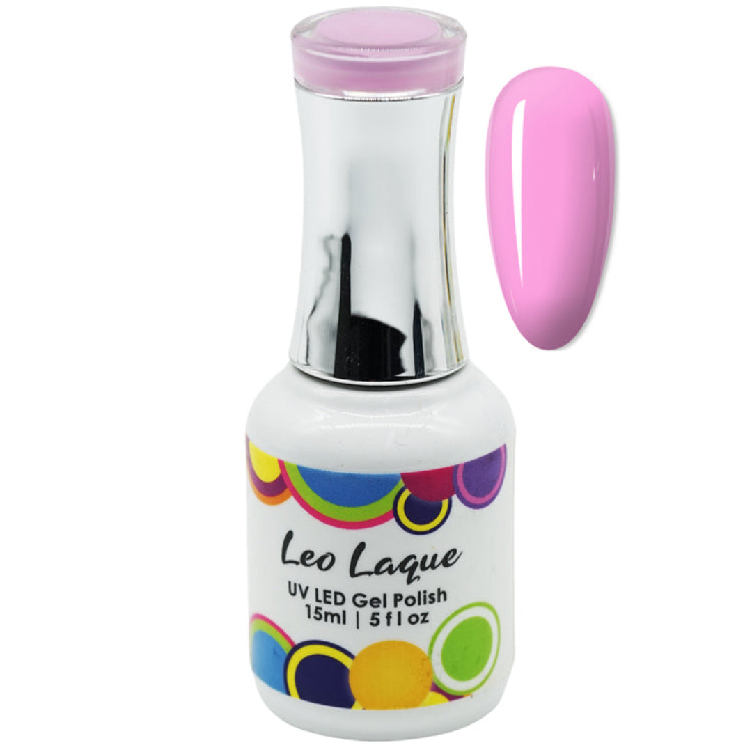 A bottle of Leo Laque UV LED Gel Polish in a light pink shade, shown alongside a matching pink nail swatch on a plain white background.