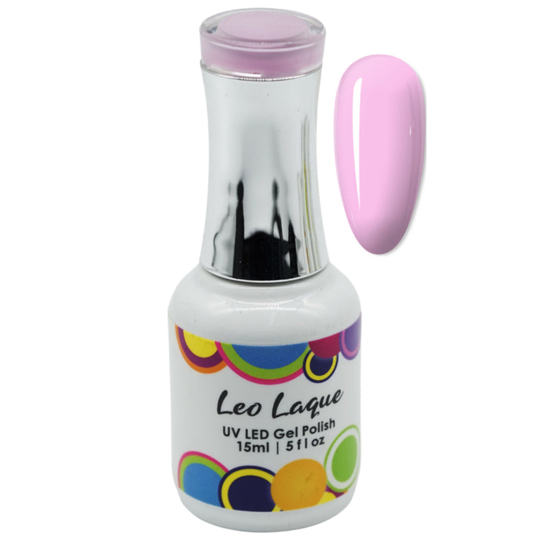 A bottle of Leo Laque UV LED gel nail polish in a light pastel pink shade, shown alongside a matching glossy nail color swatch on a plain white background.