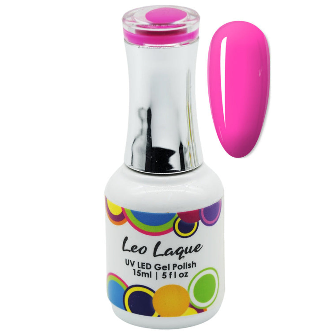 A bottle of Leo Laque UV LED Gel Polish in a bright hot pink shade, shown alongside a matching glossy nail swatch on a plain white background.