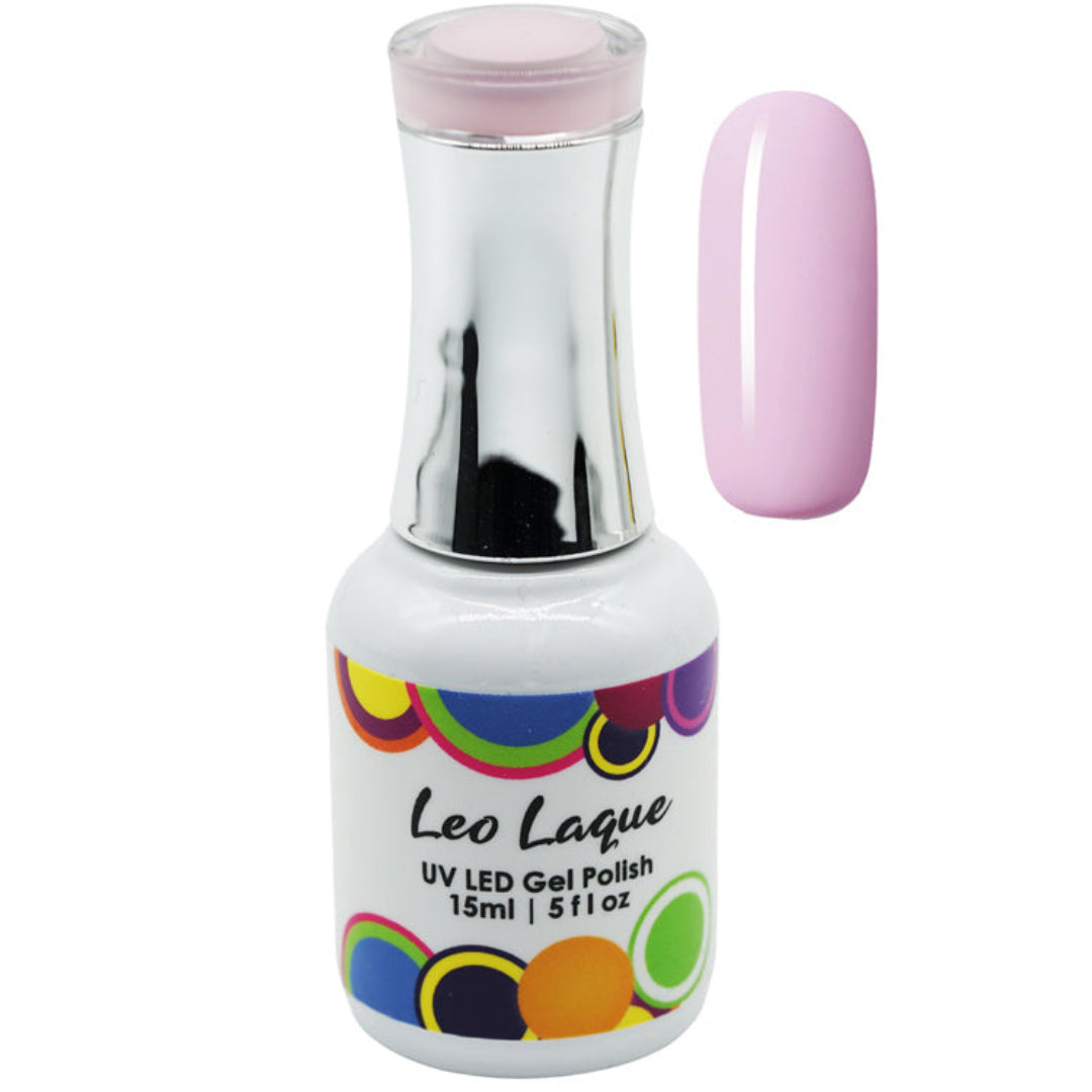 A bottle of Leo Laque UV LED Gel Polish in a light pastel pink shade, shown alongside a matching pink nail swatch on a plain white background.