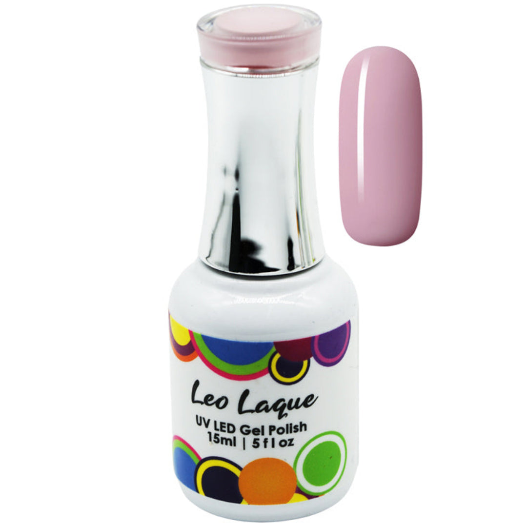 A bottle of Leo Laque UV LED Gel Polish in a light pink shade, shown alongside a matching pink nail swatch on a plain white background.