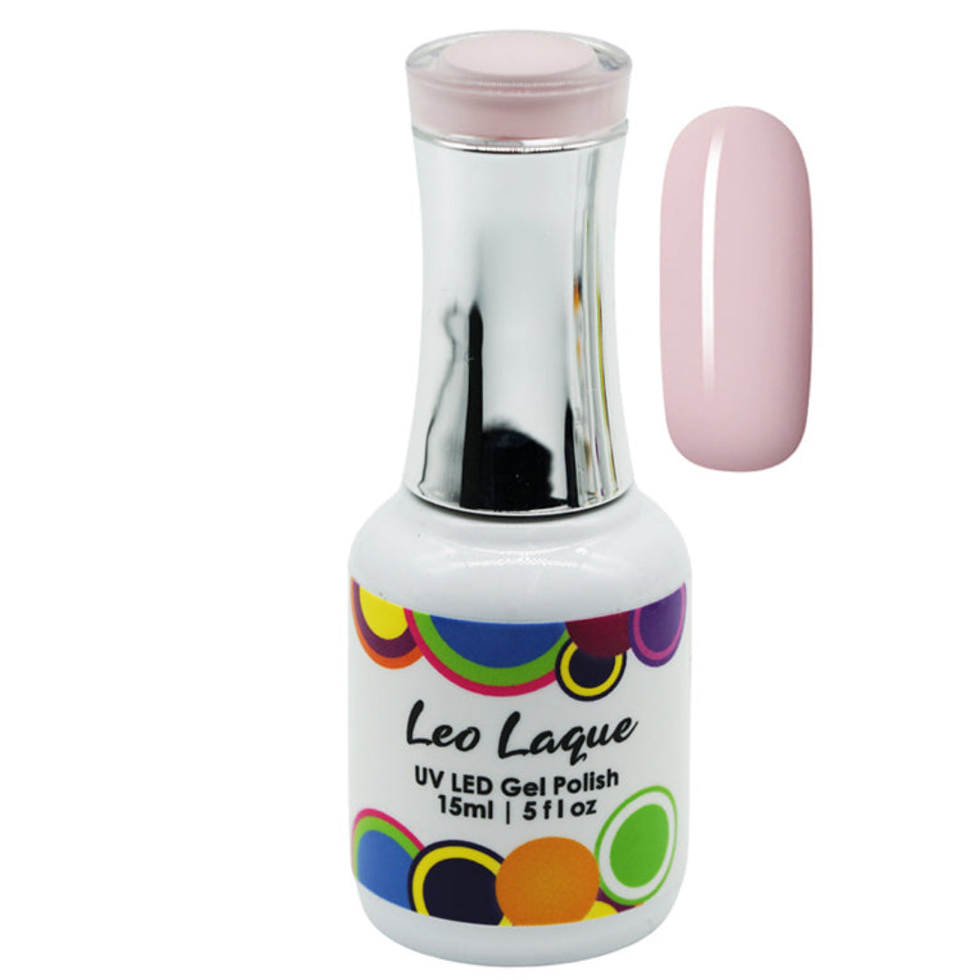 A bottle of Leo Laque UV LED Gel Polish in a pale pink shade, shown alongside a matching pink nail swatch on a plain white background.