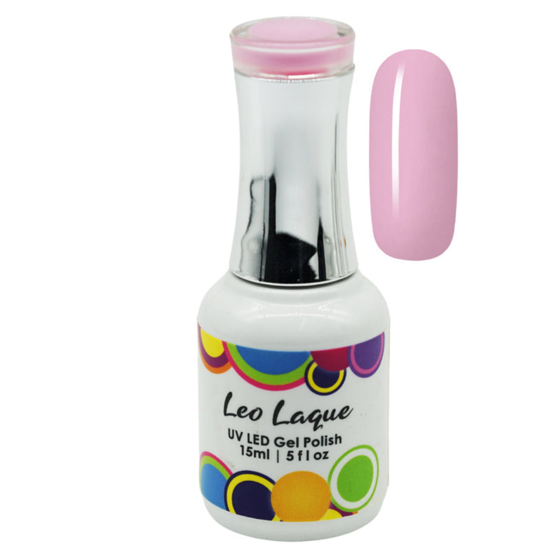 A bottle of Leo Laque UV LED gel nail polish in a light pink shade, shown alongside a matching pink nail color swatch on a plain white background.