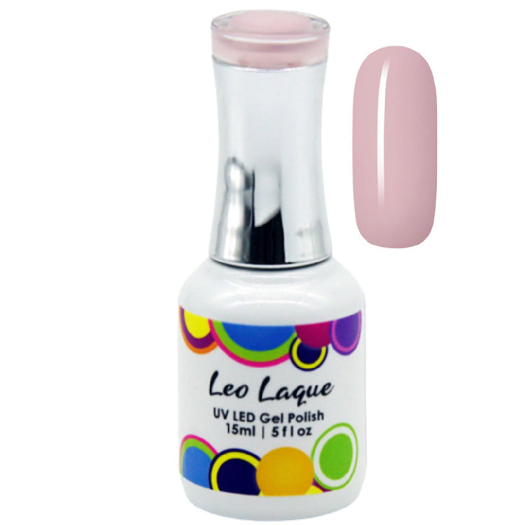 A bottle of Leo Laque UV LED Gel Polish in a light pink shade, shown alongside a matching pink nail swatch on a plain white background.