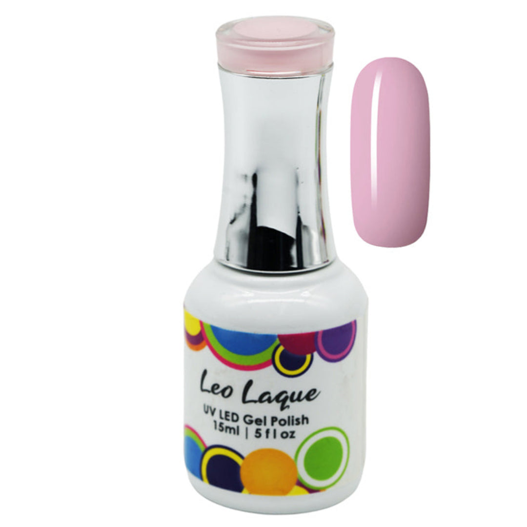 A bottle of Leo Laque UV LED Gel Polish in a light pink shade, shown next to a matching pink nail swatch on a plain white background.