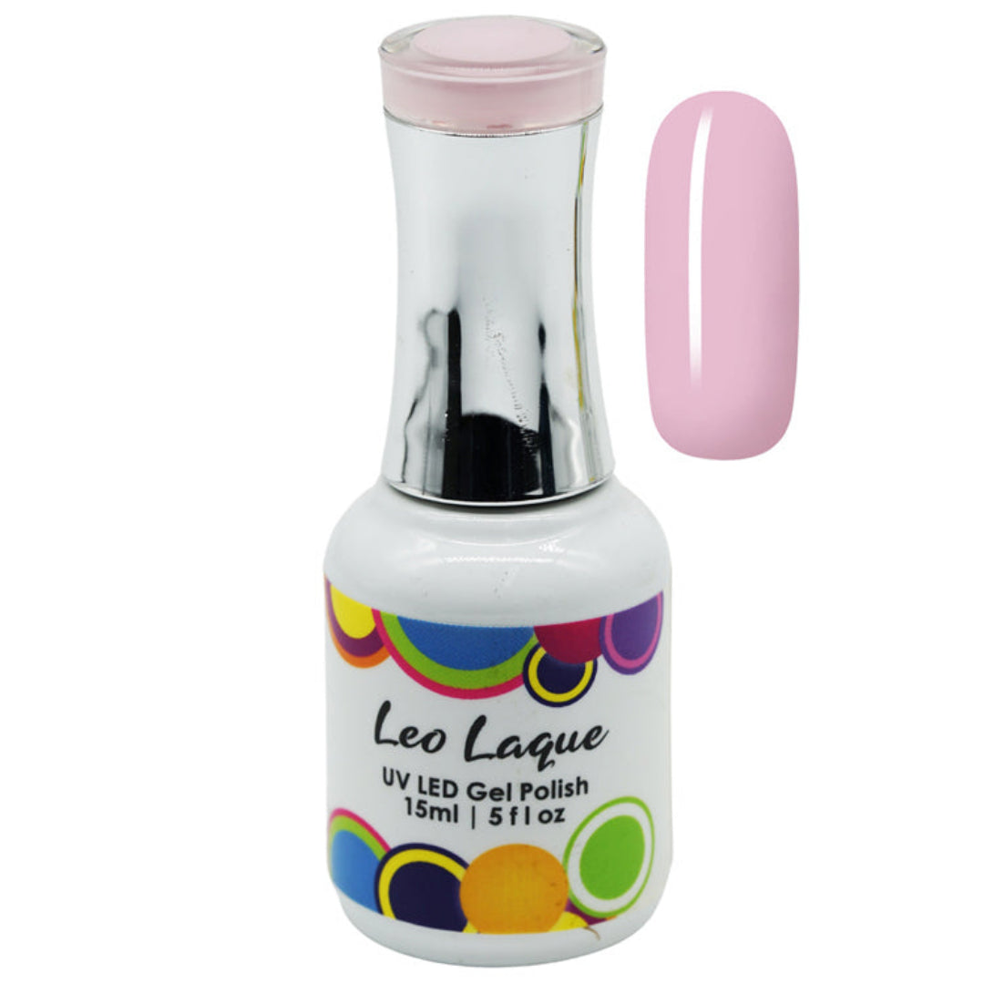 A bottle of Leo Lague UV LED Gel Polish in a light pink shade, shown alongside a matching pink nail swatch on a plain white background.