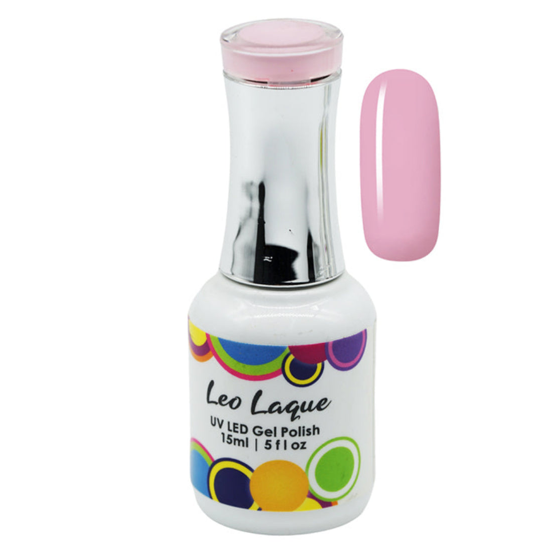 A bottle of Leo Laque UV LED Gel Polish in a light pink shade, shown next to a matching pink nail swatch on a plain white background.