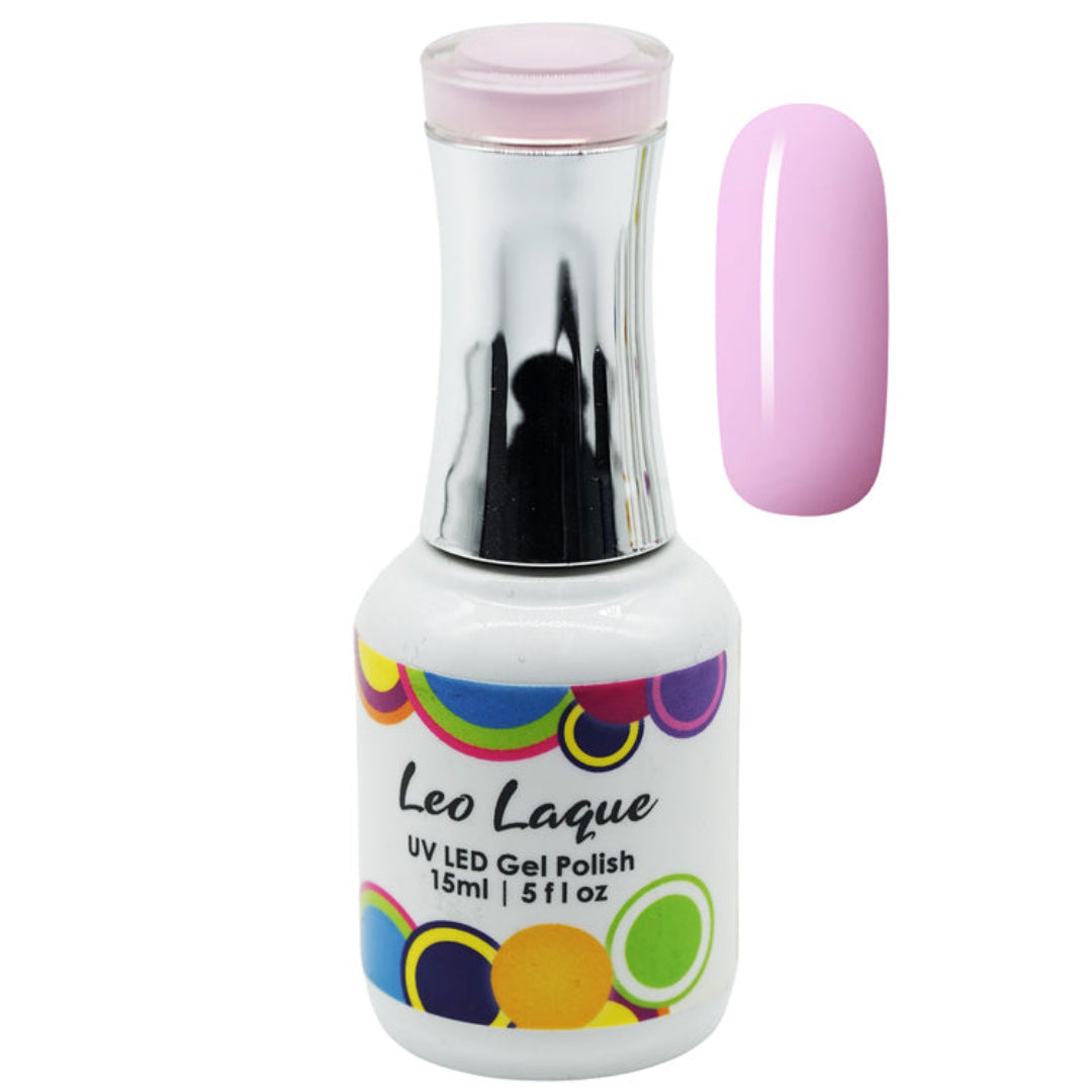 A bottle of Leo Laque UV LED gel nail polish in a light pink shade, shown alongside a matching pink nail swatch on a plain white background.