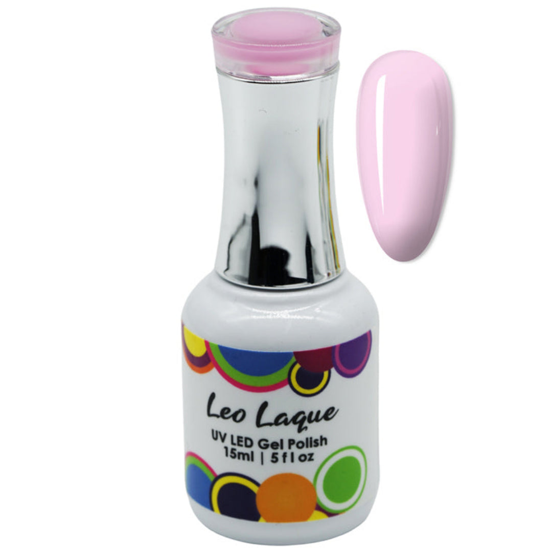 A bottle of Leo Laque UV LED Gel Polish in a light pastel pink shade, shown alongside a matching pink nail swatch on a plain white background.