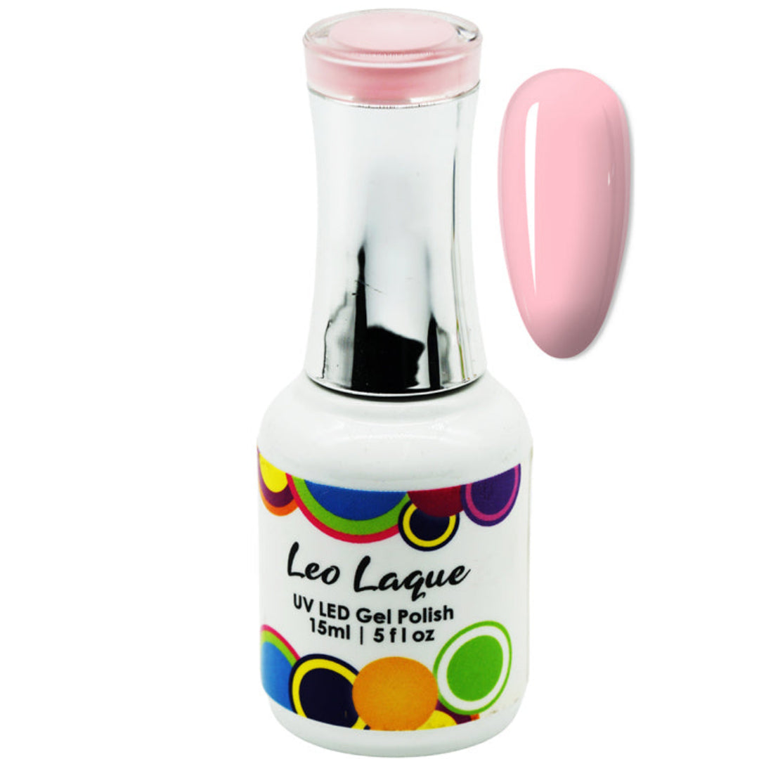 A bottle of Leo Laque UV LED Gel Polish in a light pink shade, shown alongside a matching pink nail swatch on a plain white background.