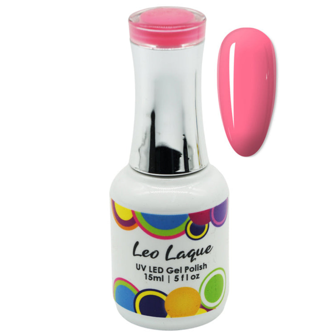 A bottle of Leo Laque UV LED gel nail polish in a vibrant pink shade, shown alongside a matching pink nail swatch on a plain white background.