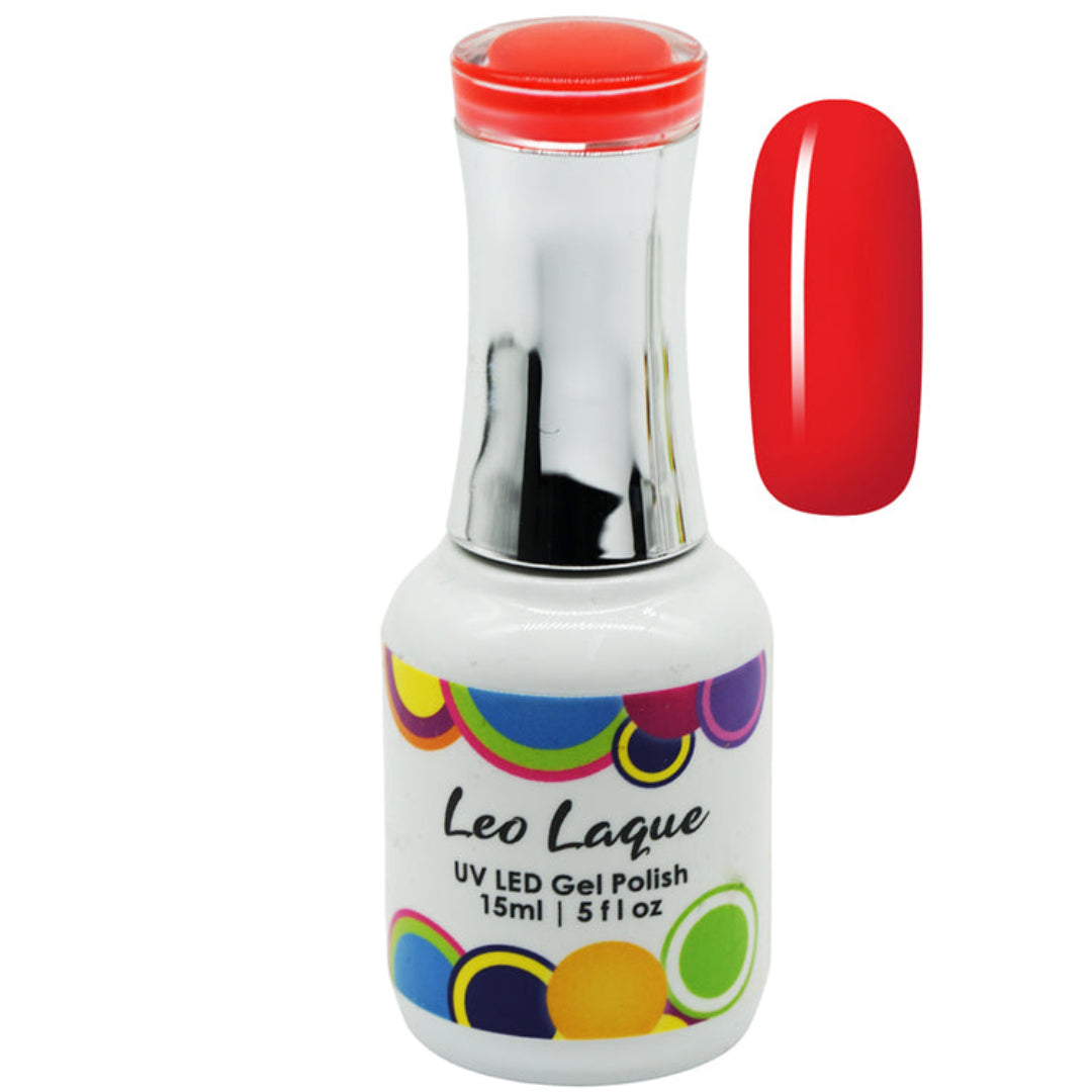 A bottle of Leo Laque UV LED Gel Polish in a vibrant red shade, shown alongside a matching red nail swatch on a plain white background.