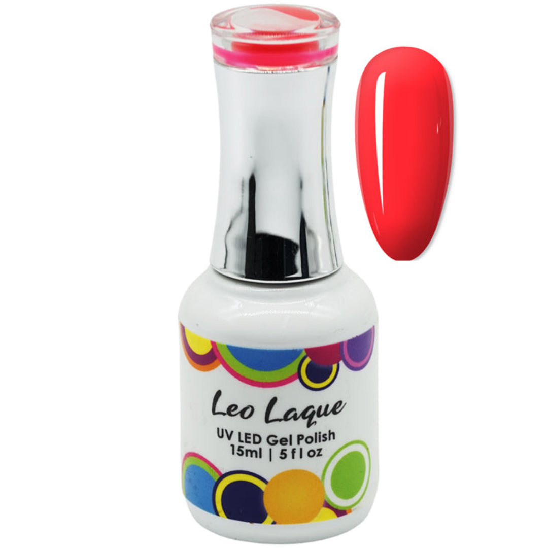 A bottle of Leo Laque UV LED Gel Polish in a bright red shade, shown alongside a matching orange-red nail swatch on a plain white background.