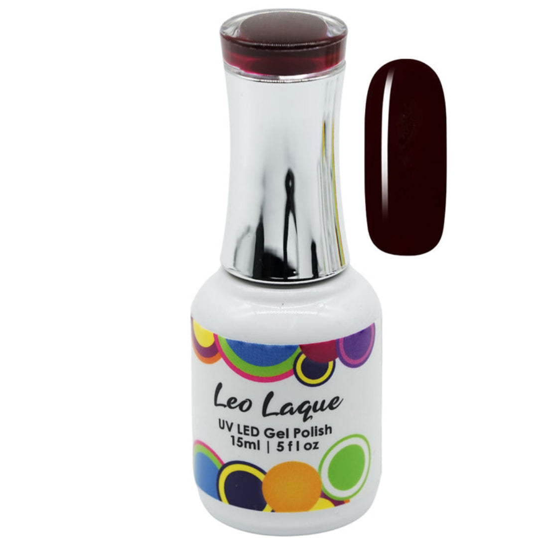 A bottle of Leo Laque UV LED Gel Polish with a metallic silver cap and a white label decorated with colorful circles, shown next to a glossy dark burgundy nail swatch on a white background.