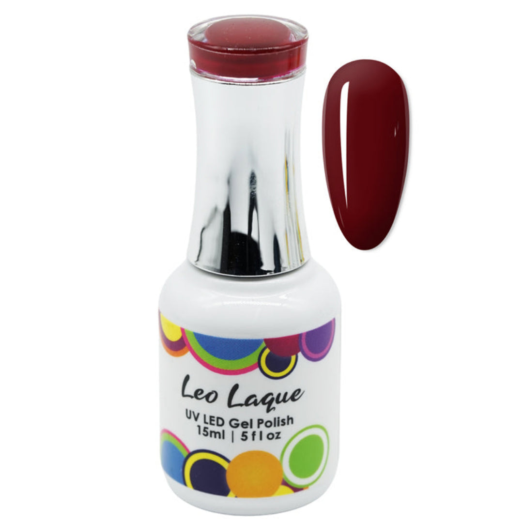 A bottle of Leo Laque UV LED Gel Polish in a deep burgundy shade, shown alongside a matching oval nail color swatch on a plain white background.