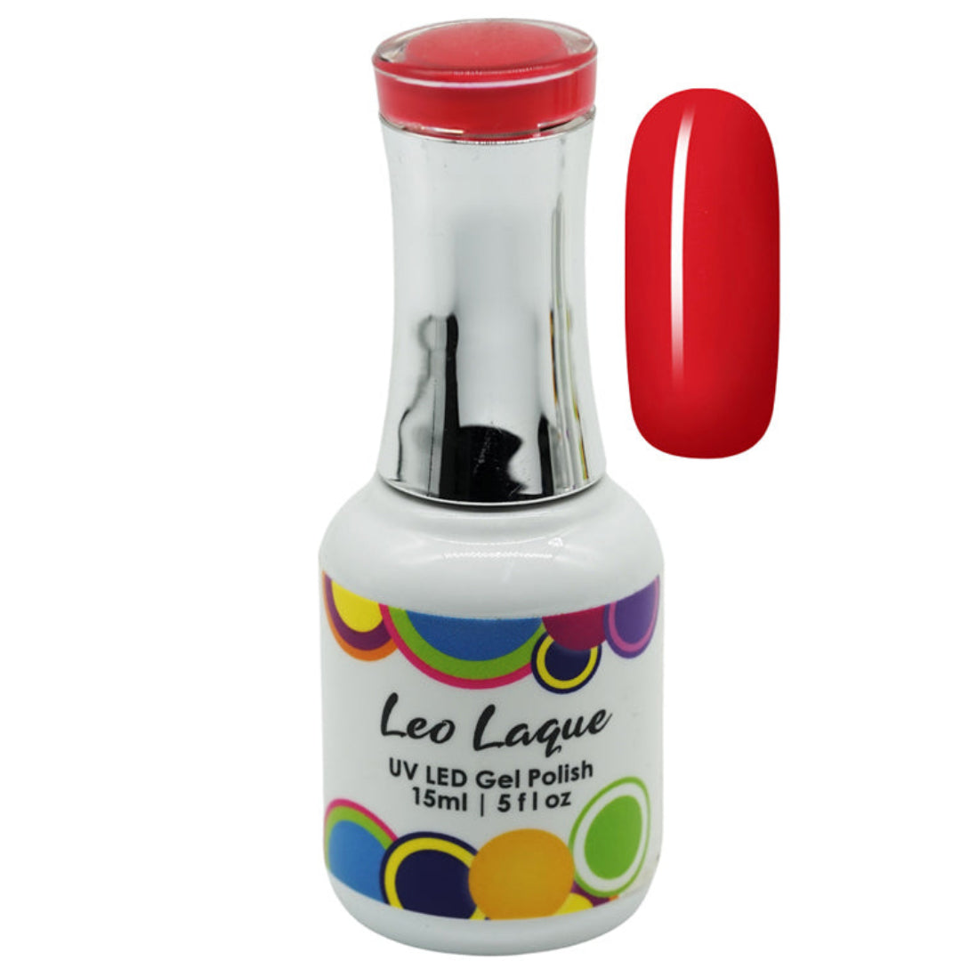 A bottle of Leo Laque UV LED Gel Polish in a vibrant red shade, shown alongside a matching glossy red nail swatch on a plain white background.