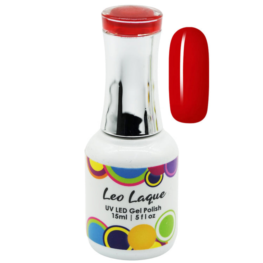 A bottle of Leo Laque UV LED Gel Polish in a vibrant red shade, shown alongside a matching red nail swatch on a plain white background.