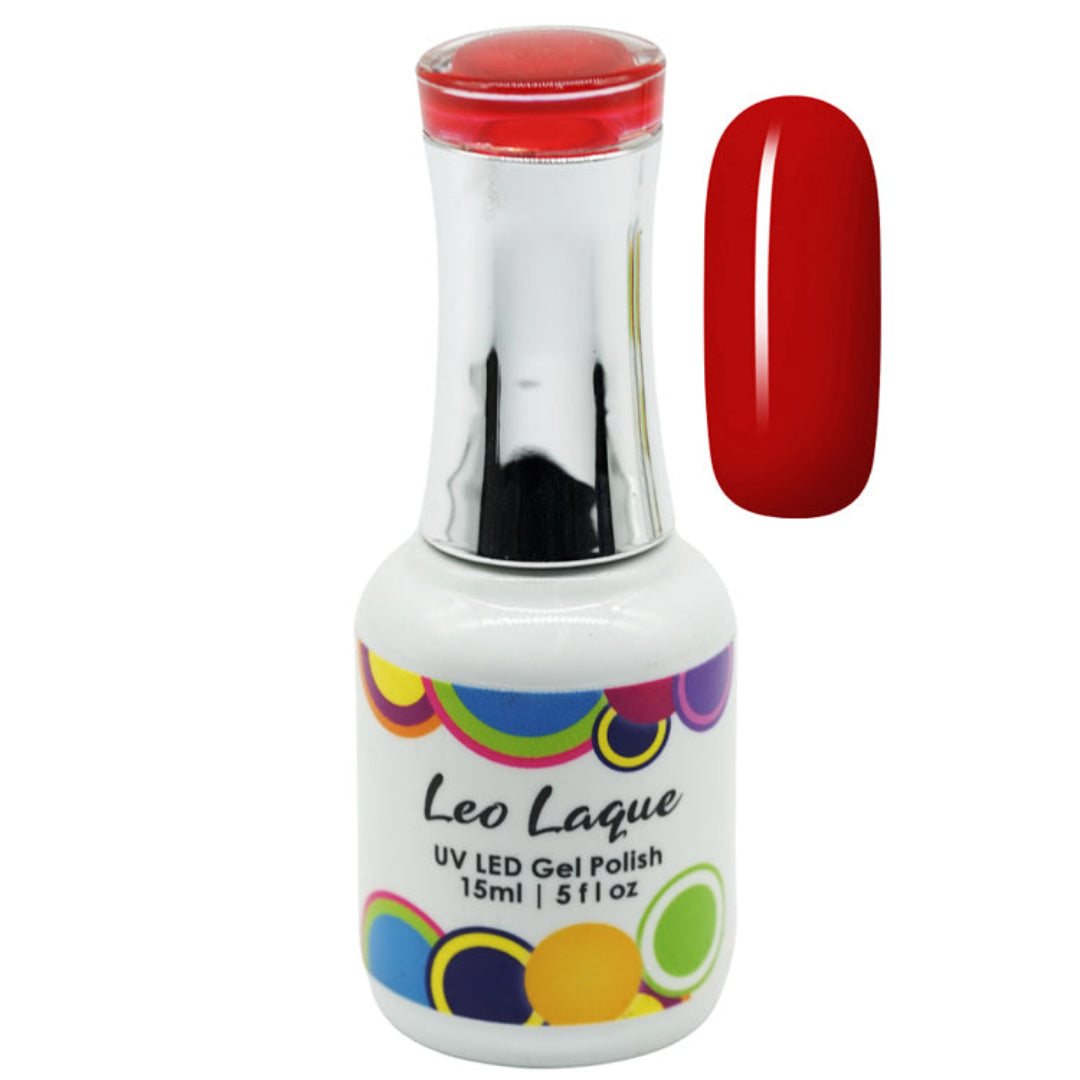 A bottle of Leo Laque UV LED gel nail polish in a vibrant glossy red shade, shown alongside a matching red nail swatch on a plain white background.
