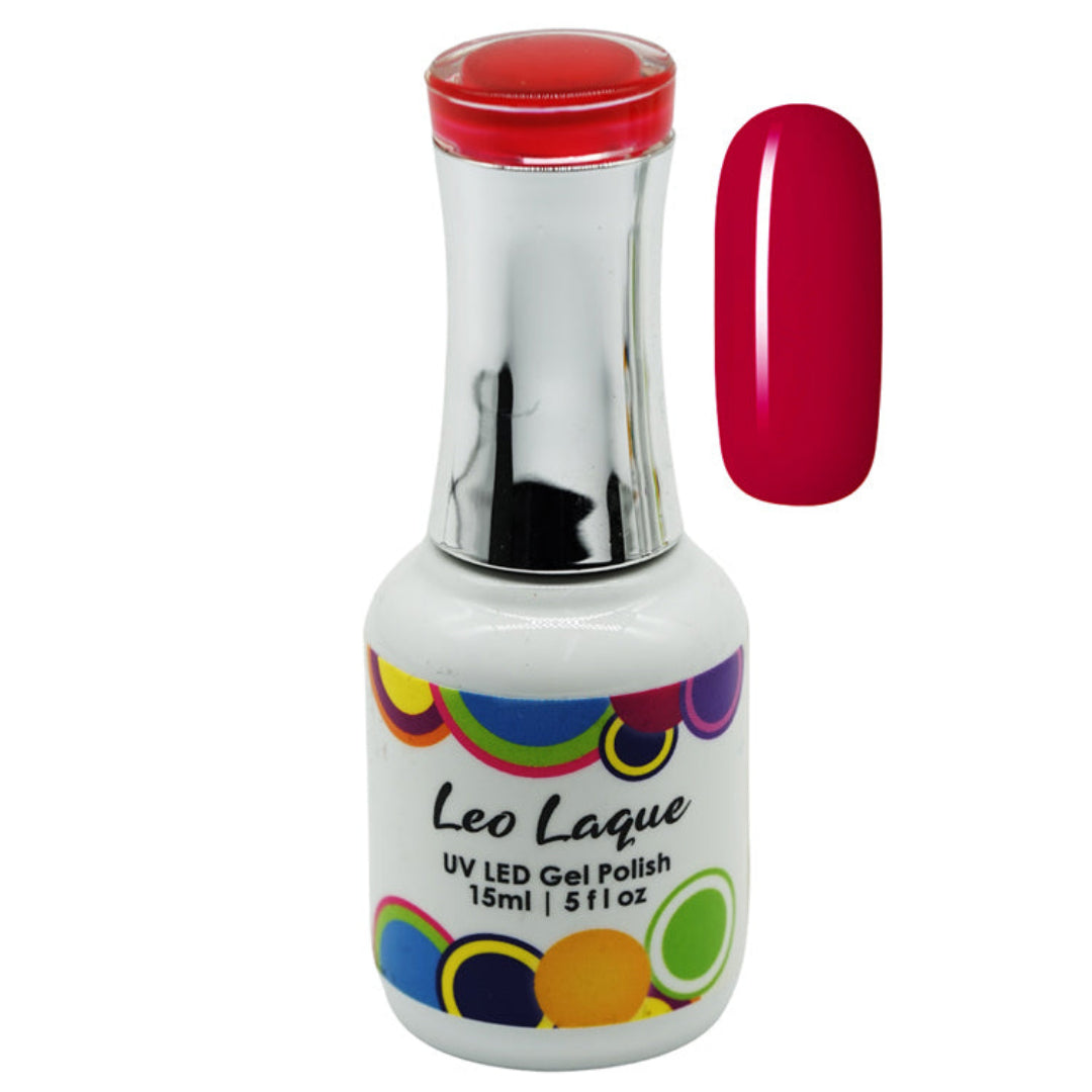 A bottle of Leo Laque UV LED Gel Polish with a white label, silver cap, and red cap, shown next to a vertical nail swatch displaying the bright magenta-pink polish color.