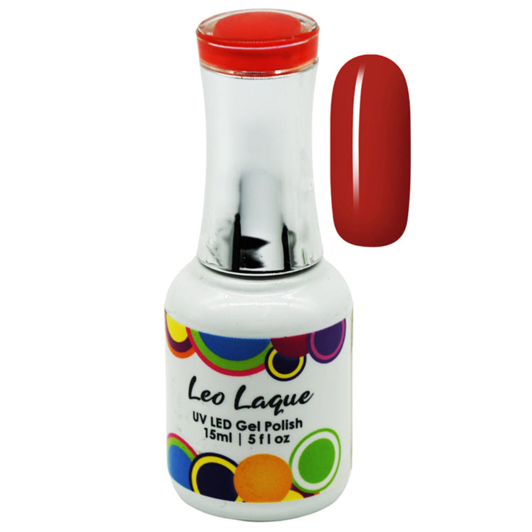 A bottle of Leo Laque UV LED Gel Nail Polish in a vibrant orange-red shade, shown alongside a vertical nail swatch displaying the same red color. The bottle is white with a shiny silver cap and a colorful pattern of overlapping circles on the label.