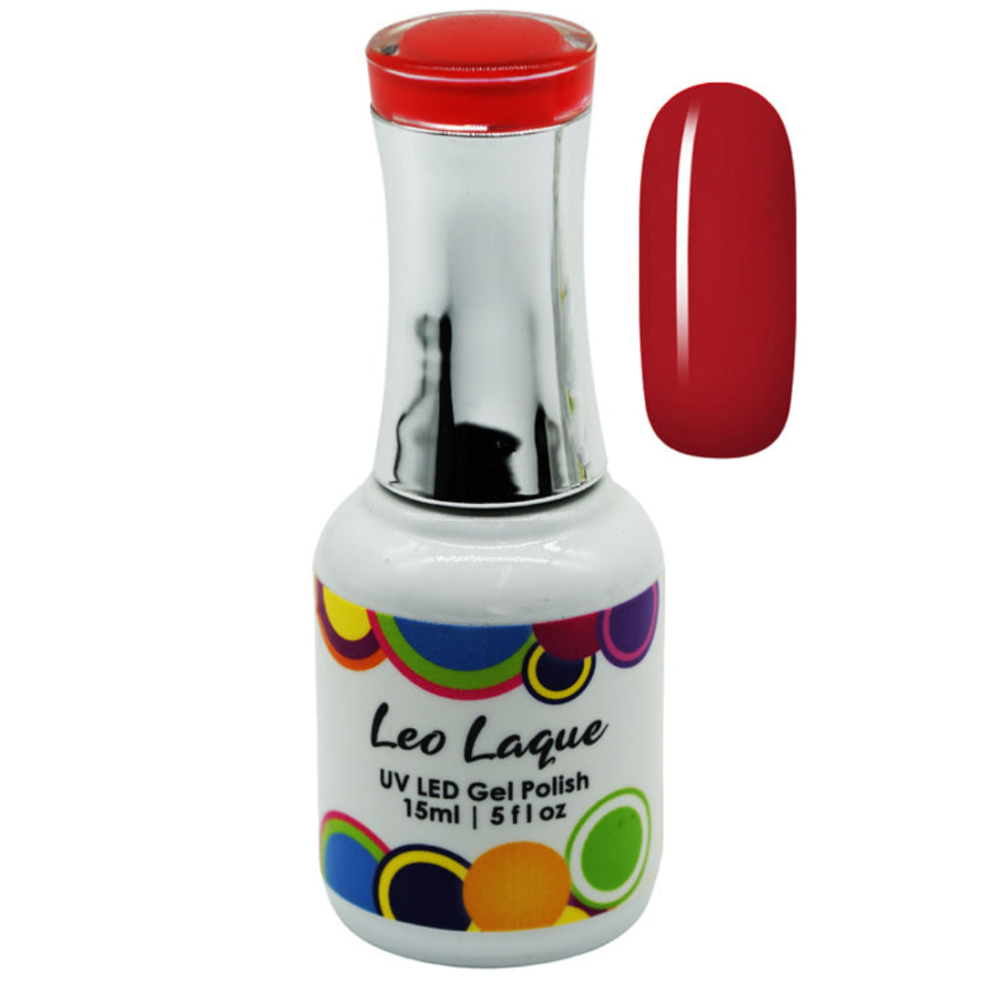 A bottle of Leo Laque UV LED Gel Polish with a red cap and a vertical swatch of the red polish on the right, set against a plain white background.