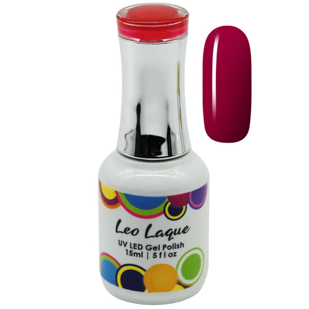 A bottle of Leo Laque UV LED Gel Polish with a white label, colorful circular accents, and a metallic silver neck, shown next to a vertical swatch of the deep magenta-pink polish color on a white background.