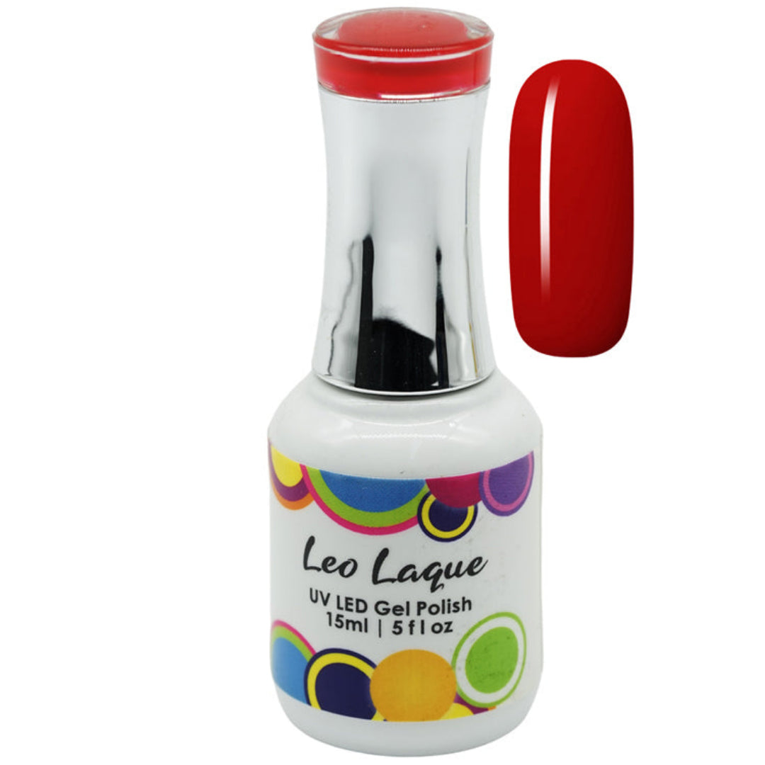 A bottle of Leo Laque UV LED Gel Polish with a white label featuring colorful dots, shown next to a glossy red nail swatch on a white background.