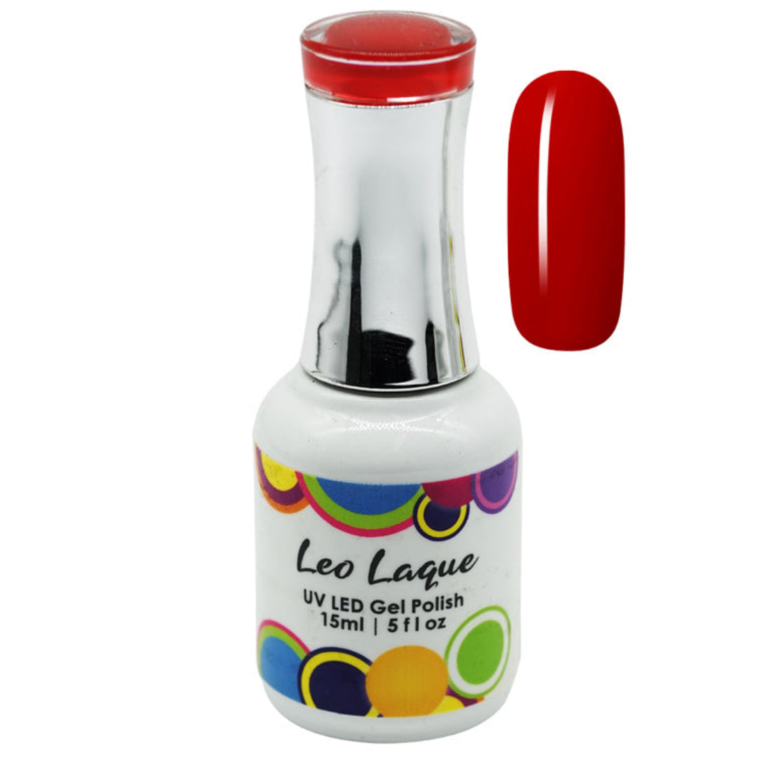 A bottle of Leo Laque UV LED Gel Polish with a red cap and a matching red nail polish swatch displayed next to it on a white background.