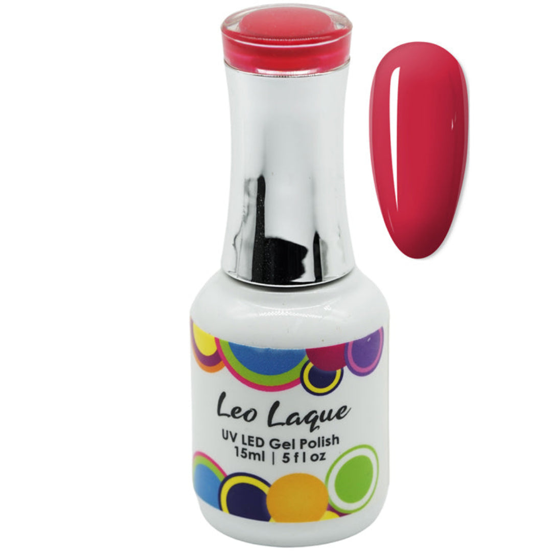 A bottle of Leo Laque UV LED Gel Polish with a white label and colorful bubble accents, shown next to a vertical swatch of the bright pinkish-red gel polish on a white background.