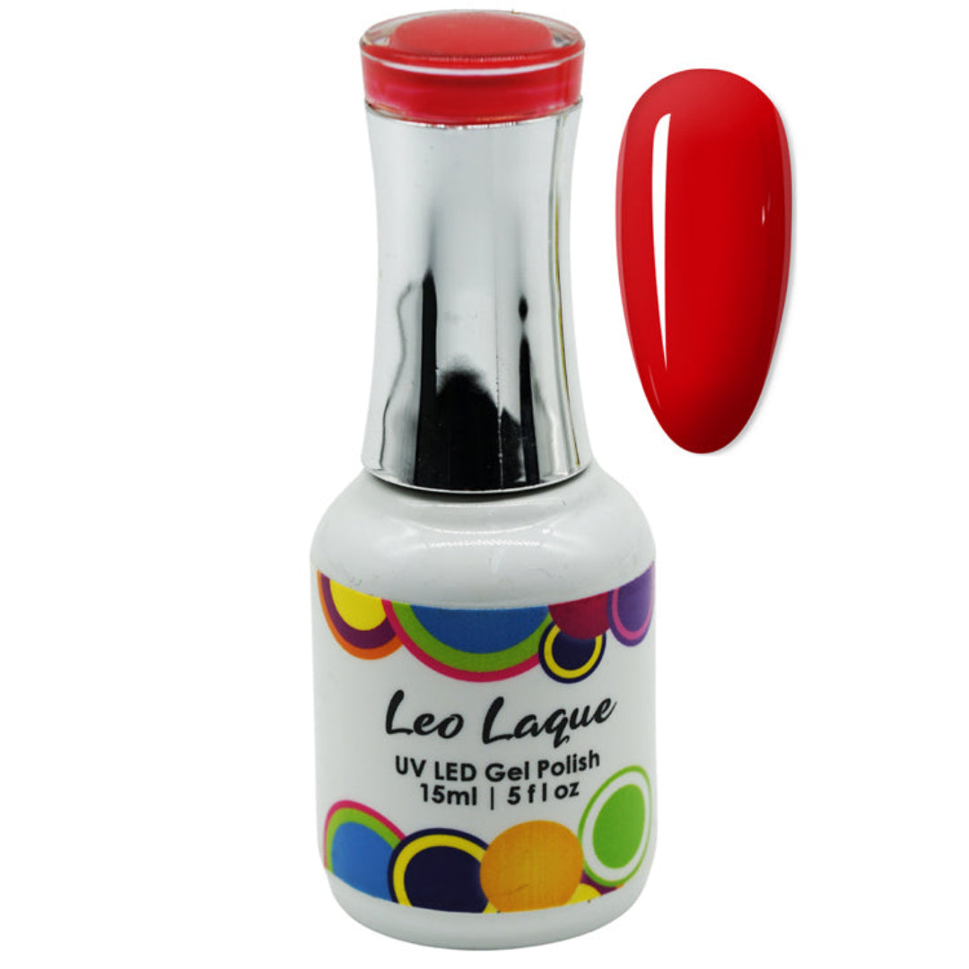 A bottle of Leo Laque UV LED Gel Polish in a vibrant red shade, shown alongside a matching glossy red nail swatch on a plain white background.