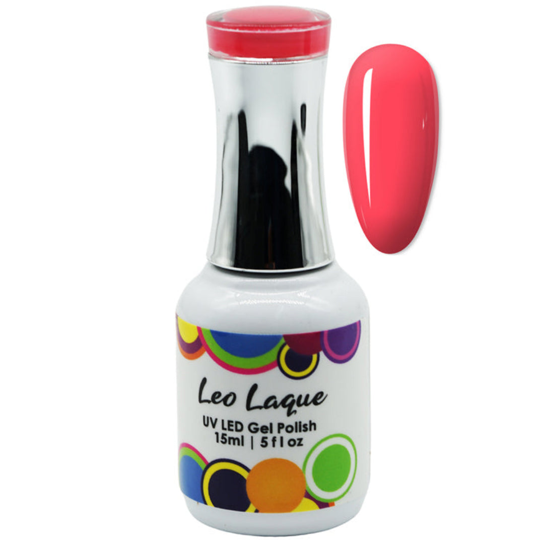 A bottle of Leo Laque UV LED Gel Polish in a bright coral pink shade, shown alongside a matching nail color swatch on a plain white background.