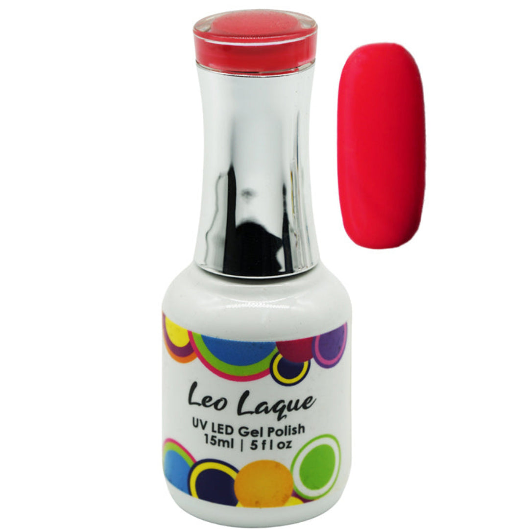 A bottle of Leo Laque UV LED Gel Polish in a bright red shade, shown alongside a matching red nail swatch on a plain white background.