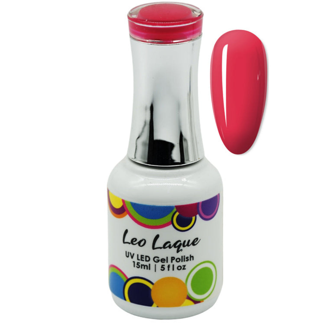 A bottle of Leo Laque UV LED Gel Polish with a white label, colorful polka dot accents, and a metallic silver neck, shown next to a glossy pink nail color swatch on a white background.