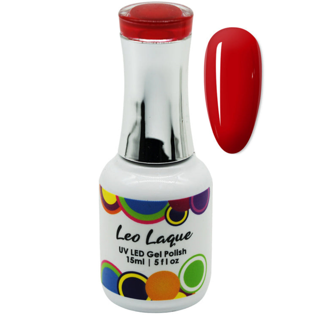 A bottle of Leo Laque UV LED Gel Polish in a vibrant red shade, shown alongside a matching red nail swatch on a plain white background.