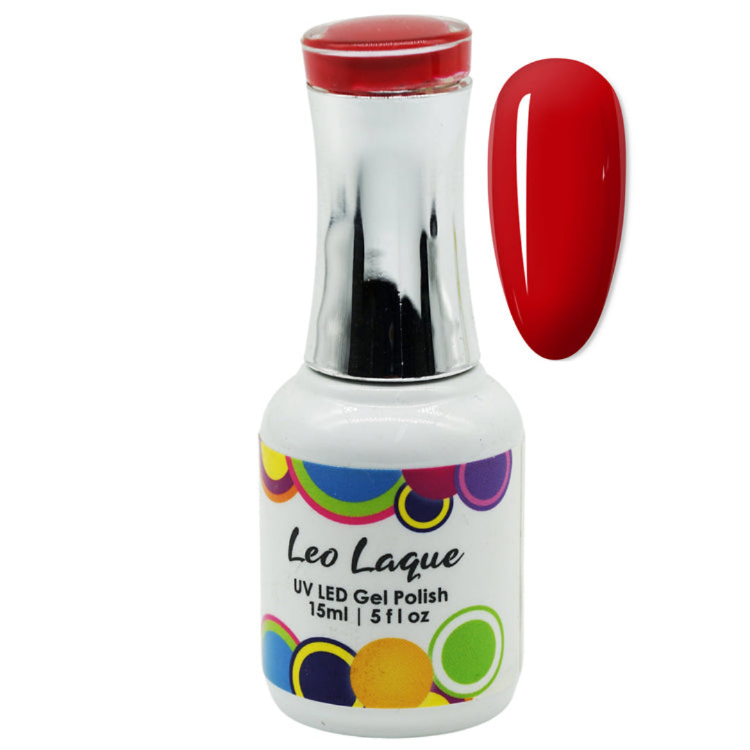 A bottle of Leo Laque UV LED Gel Polish in a vibrant red shade, shown alongside a matching red nail swatch on a plain white background.
