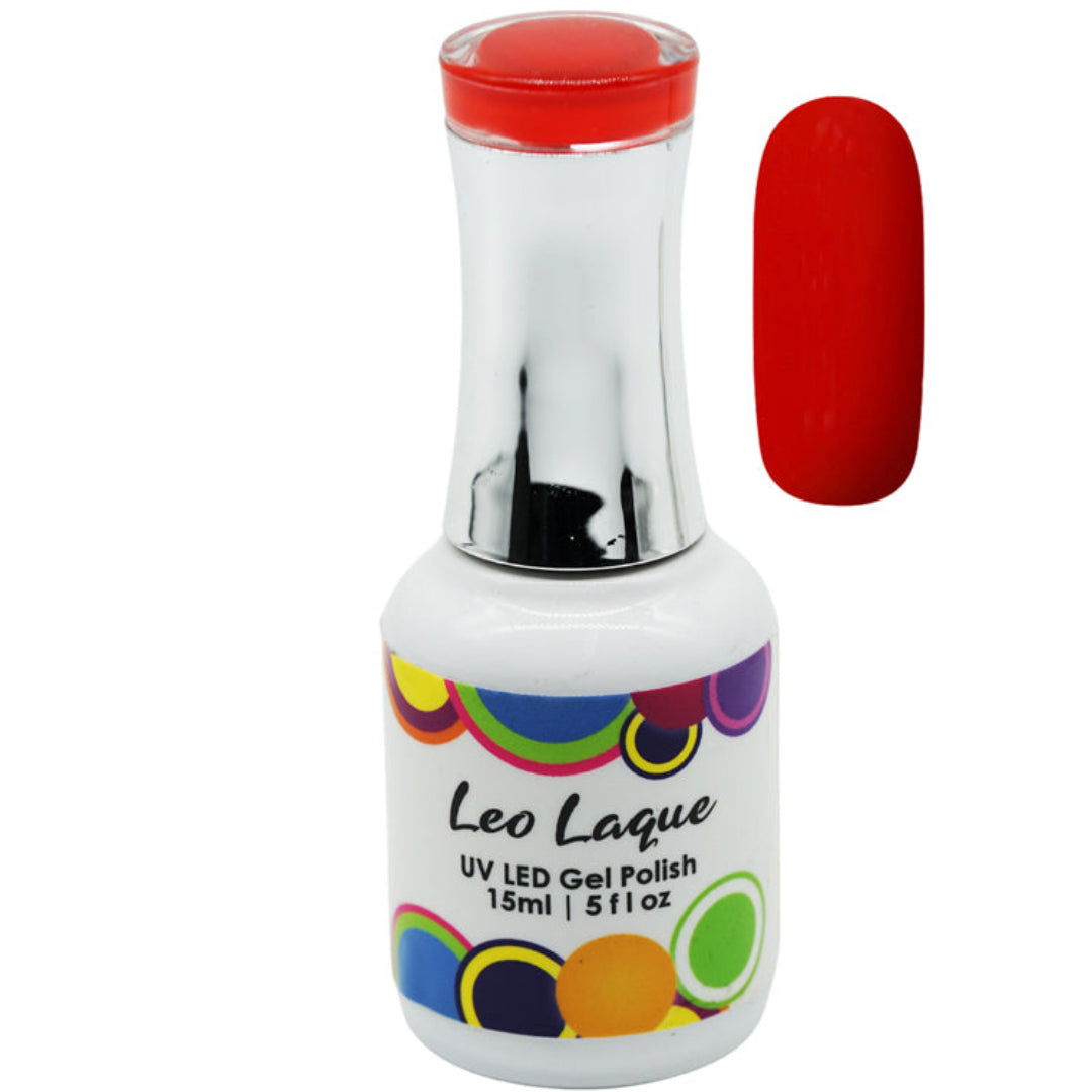 A bottle of Leo Laque UV LED Gel Polish in a vibrant red shade, shown alongside a matching red nail swatch on a plain white background.
