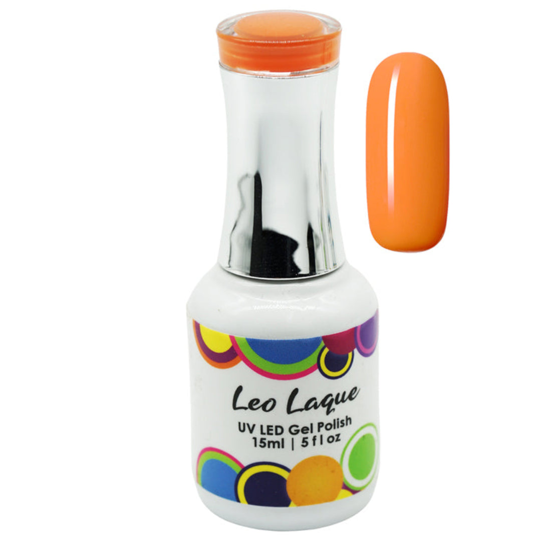 A bottle of Leo Laque UV LED Gel Polish in a vibrant orange shade, shown alongside a matching orange nail swatch on a plain white background.