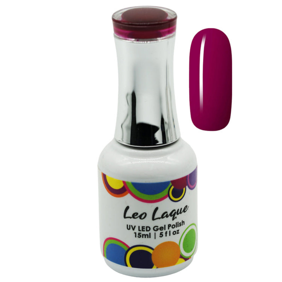 A bottle of Leo Laque UV LED gel polish in a deep magenta shade, shown alongside a matching nail color swatch on a plain white background.