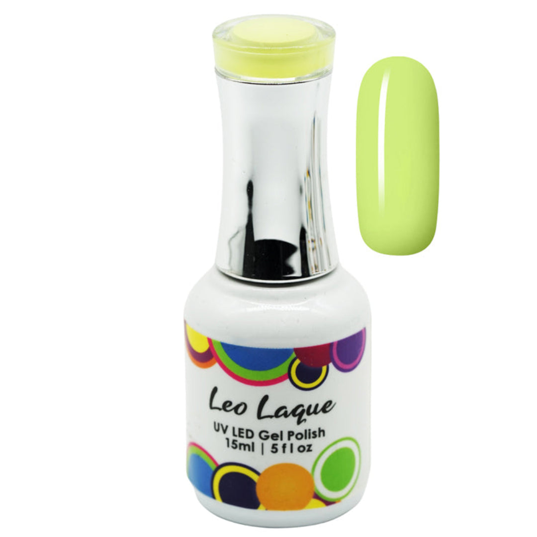 A bottle of Leo Laque UV LED gel polish in a bright lime green shade, shown alongside a matching nail color swatch on a plain white background.