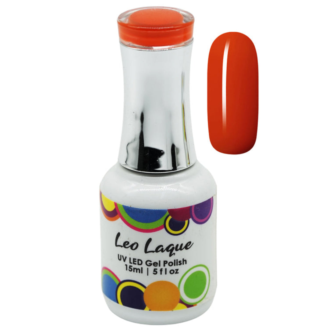 A bottle of Leo Laque UV LED Gel Polish in a vibrant orange-red shade, shown alongside a matching vertical nail swatch on a plain white background.