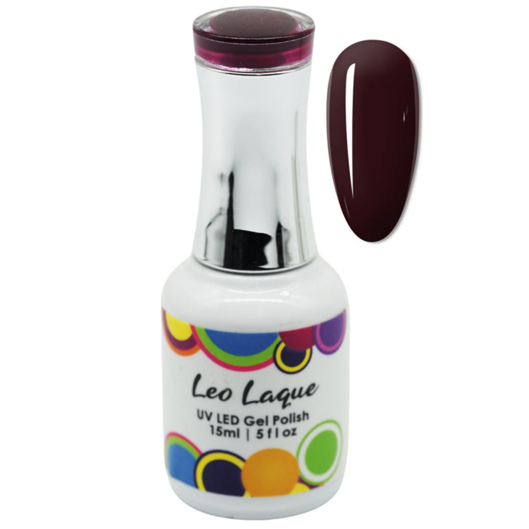 A bottle of Leo Laque UV LED Gel Polish in a deep burgundy shade, shown alongside a matching oval nail swatch on a plain white background.